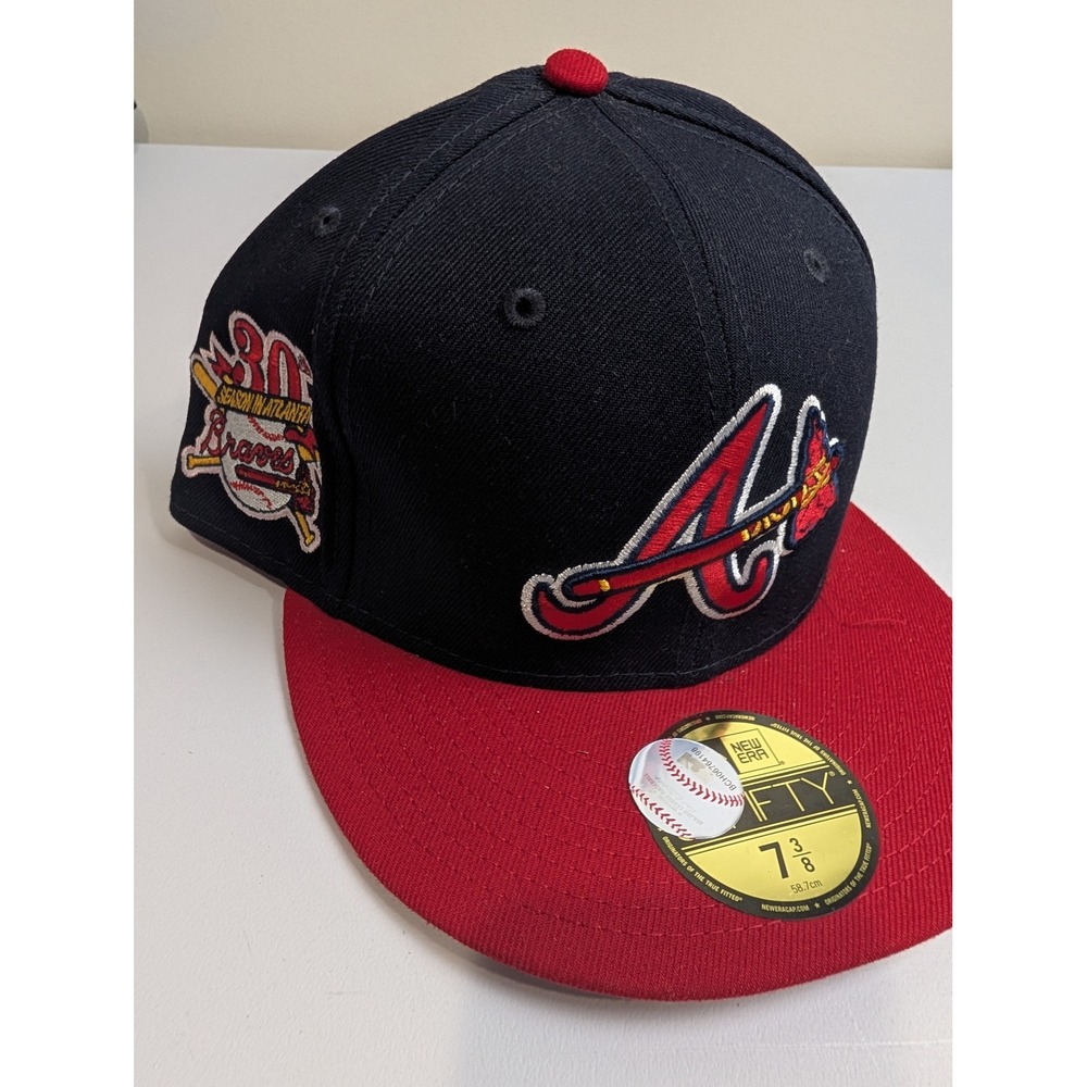 New Era Atlanta Braves Hat Mens 7 3/8 Navy Blue / Red 59FIFTY Pink Bottom